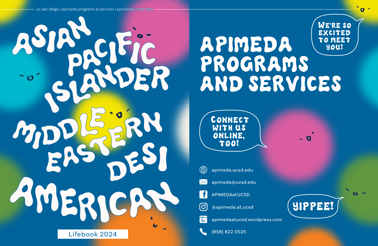 Front and back covers of the 2024 Lifebook. The words Asian, Pacific Islander, Middle Eastern, Desi, and American are enclosed in rounded shapes in pink, cyan, dark blue, yellow, and a brown-mustard color. The primary color of the cover is blue.