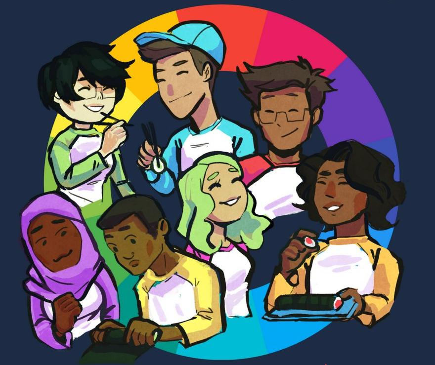 Drawing of 7 different people with a rainbow color wheel in the background