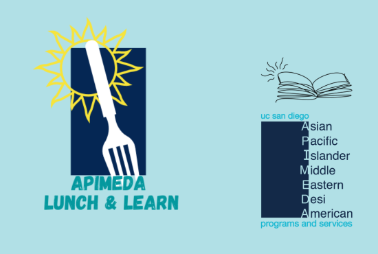 A fork and sun make the logo for the Lunch and Learn Program on the left. On the right, the logo for APIMEDA Programs and Services sits underneath a line drawing of a book with open pages