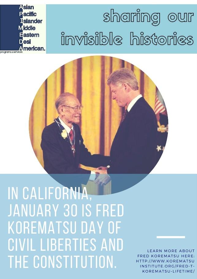 Fred Korematsu and Bill Clinton shaking hands, text describes Fred Korematsu day